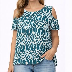Jessica London Teal and White Cold Shoulder Blouse